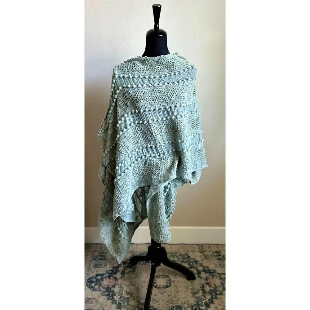 SAACHI Textured Pom Pom Kimono Wrap in Sage Green One Size